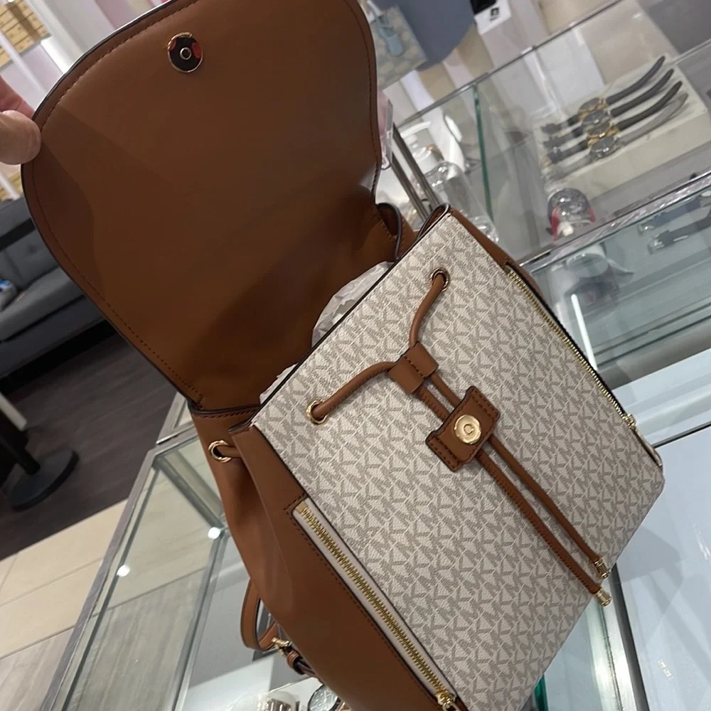 Michael Kors Phoebe 35F2G8PB2B Flap Drawstring Backpack Vanilla Signature